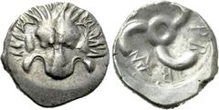 Greek Coins DYNASTS OF LYCIA. Trbbenimi (Circa 390-370 BC). Tetrobol. Uncertain mint. Obv: Facing scalp of lion. Rev: Triskeles within incuse circle. Müseler VIII.25-7; SNG von Aulock 4215. Condition:
