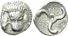Greek Coins DYNASTS OF LYCIA. Perikles (Circa 380-360 BC). Tetrobol. Uncertain mint, possibly Limyra. Obv: Facing scalp of lion. Rev: Triskeles within incuse circle. Müseler VIII.47-51; SNG von Aulock