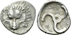 Greek Coins DYNASTS OF LYCIA. Perikles (Circa 380-360 BC). Tetrobol. Uncertain mint, possibly Limyra. Obv: Facing scalp of lion. Rev: Triskeles within incuse circle. Müseler VIII.47-51; SNG von Aulock