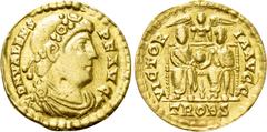 Roman Imperial Coins VALENS (364-378). GOLD Solidus. Treveri. Obv: D N VALENS P F AVG. Diademed, draped and cuirassed bust right. Rev: VICTORIA AVGG / TROBS. Valentinian I and Valens seated facing on 