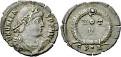 Roman Imperial Coins VALENS (364-378). Siliqua. Constantinople. Obv: D N VALENS P F AVG. Diademed, draped and cuirassed bust right. Rev: VOT / V. Legend in two lines within wreath; CP•Δ. RIC 13c. Rare
