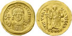 Byzantine Coins JUSTINIAN I (527-565). GOLD Solidus. Constantinople. Obv: D N IVSTINIANVS P P AVG. Helmeted and cuirassed bust facing, holding globus cruciger and shield decorated with horseman motif.