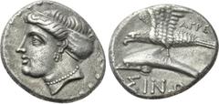 Greek Coins PAPHLAGONIA. Sinope. Drachm (Circa 330-300 BC). Agreos, magistrate. Obv: Head of nymph left, with hair in sakkos; aphlaston to left. Rev: AΓPEΩΣ / ΣINΩ. Sea-eagle standing left, with wings