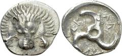 Greek Coins DYNASTS OF LYCIA. Perikles (Circa 380-360 BC). Tetrobol. Uncertain mint, possibly Limyra. Obv: Facing scalp of lion. Rev: Triskeles within incuse circle. Müseler VIII.47-51; SNG von Aulock