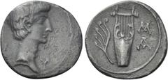 Roman Provincial Coins LYCIA. Lycian League. Augustus (27 BC-14 AD). Drachm. Masicytes. Obv: Λ - Y. Bare head right. Rev: M - A. Lyre; plectrum in field to left. RPC I - ; SNG von Aulock -; Esegrim -.