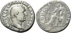 Roman Imperial Coins VITELLIUS (69). Denarius. Rome. Obv: A VITELLIVS GERM IMP AVG TR P. Laureate head right. Rev: CONCORDIA P R. Concordia seated left on throne, holding patera and cornucopia. RIC² 9