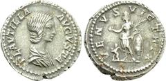 Roman Imperial Coins PLAUTILLA (Augusta, 202-205). Denarius. Rome. Obv: PLAVTILLA AVGVSTA. Draped bust right. Rev: VENVS VICTRIX. Venus standing left, holding apple and palm frond, and resting elbow u