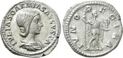 Roman Imperial Coins JULIA SOAEMIAS (Augusta, 218-222). Denarius. Rome. Obv: IVLIA SOAEMIAS AVGVSTA. Draped bust right. Rev: IVNO REGINA. Juno standing right with sceptre and palladium. RIC 237. Condi