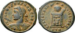 Roman Imperial Coins CRISPUS (Caesar, 316-326). Follis. Treveri. Obv: IVL CRISPVS NOB CAES. Laureate and cuirassed bust left, holding spear and decorated shield. Rev: BEATA TRANQVILLITAS / P TR. Globu