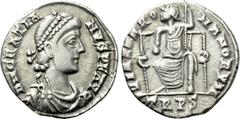 Roman Imperial Coins GRATIAN (367-383). Siliqua. Treveri. Obv: D N GRATIANVS P F AVG. Diademed, draped and cuirassed bust right. Rev: VIRTVS ROMANORVM / TRPS. Roma seated facing on throne, head left, 