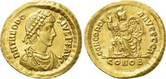Roman Imperial Coins THEODOSIUS I (379-395). GOLD Solidus. Constantinople. Obv: D N THEODOSIVS P F AVG. Diademed, draped and cuirassed bust right. Rev: CONCORDIA AVGGGG A / CONOB. Constantinopolis sea