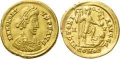 Roman Imperial Coins HONORIUS (393-423). GOLD Solidus. Ravenna. Obv: D N HONORIVS P F AVG. Diademed, draped and cuirassed bust right. Rev: VICTORIA AVGGG / R - V / COMOB. Honorius standing right, with