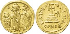 Byzantine Coins HERACLIUS with HERACLIUS CONSTANTINE and HERACLONAS (610-641). GOLD Solidus. Constantinople. Obv: Heraclius, Heraclius Constantine and Heraclonas standing facing, each holding globus c
