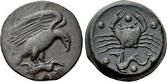 Greek Coins SICILY. Akragas. Ae Hemilitron (Circa 415-406 BC). Obv: Eagle standing right with dead hare in its talons. Rev: Crab; hippocamb left below; six pellets (mark of value) around. Westermark p