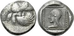Greek Coins DYNASTS OF LYCIA. Uvug (Circa 470-440 BC). Tetrobol. Obv: Forepart of winged human-headed bull left. Rev: Head of Aphrodite left within dotted incuse square. Vismara II, 91. Condition: Ver