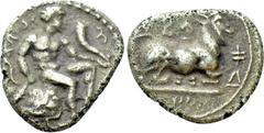 Greek Coins CYPRUS. Salamis. Evagoras I (Circa 411-374 BC). 1/3 Stater. Obv: Herakles seated right on rocks, holding club and cornucopia; Cypriot legend around. Rev: Goat kneeling right; Cypriot legen