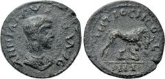Roman Provincial Coins PISIDIA. Antioch. Annia Faustina (Augusta, 221). Ae. Obv: ANNIA FAVSTINA AVG. Draped bust right. Rev: ANTIOCH COL / ONI. Lupa Romana standing right, head left, suckling the twin