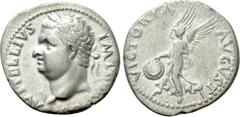 Roman Imperial Coins VITELLIUS (69). Denarius.Tarracco. Obv: A VITELLIVS IMP GERMAN. Laureate head left. Rev: VICTORIA AVGVSTI. Victory advancing left, holding shield inscribed SP/QR. RIC 36. Conditio