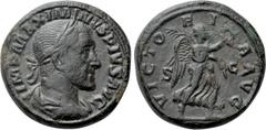 Roman Imperial Coins MAXIMINUS THRAX (235-238). As. Rome. Obv: IMP MAXIMINVS PIVS AVG. Laureate, draped and cuirassed bust right. Rev: VICTORIA / S-C. Victory advancing right with palm branch and wrea