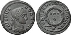 Roman Imperial Coins CRISPUS (Caesar, 316-326). Follis. Arelate. Obv: CRISPVS NOB CAES. Laureat head right. Rev: CAESARVM NOSTRORVM / AR. VOT / V in two lines within wreath. RIC 225. Condition: Near e