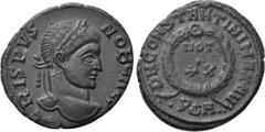 Roman Imperial Coins CRISPUS (Caesar, 316-326). Follis. Arelate. Obv: CRISPVS NOB CAES. Laureate head right. Rev: D N CONSTANTINI MAX AV / P (star-in-crescent) A. VOT / XX in two lines within wreath. 