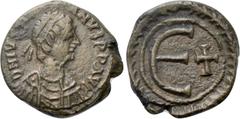 Byzantine Coins JUSTINIAN I (527-565). Pentanummium. Carthage. Obv: DN IVSTINIANVS P P AVG. Diademed, draped and cuirassed bust right. Rev: Large E; to right, cross; all within linear border surrounde