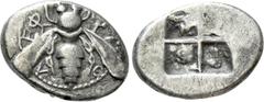 Greek Coins IONIA. Ephesos. Drachm (Circa 500-420 BC). Obv: ΕΦEΣION. Bee. Rev: Quadripartite incuse square. SNG Kayhan I 140. Condition: Very fine. Weight: 3.26 g. Diameter: 17 mm.