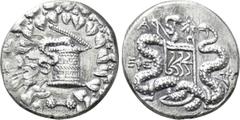 Greek Coins IONIA. Ephesos. Cistophorus (139/138 BC). Obv: Cista mystica with serpent; all within ivy wreath. Rev: EΦΕ. Bow case between two serpents; cornucopia to right; above A and bee. Kleiner & N