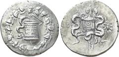 Greek Coins IONIA. Ephesos. Cistophorus (139/138 BC). Obv: Cista mystica with serpent; all within ivy wreath. Rev: EΦΕ. Bow case between two serpents; bee in a wreath to the right. Kleiner & Noe serie