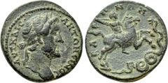 Roman Provincial Coins LYCIA. Baris. Antoninus Pius (138-161). Ae. Obv: AVT KAIC ANTΩNEINOC. Laureate head right. Rev: BAPHNΩN. Male figure in military dress galloping right, brandishing spear, attack