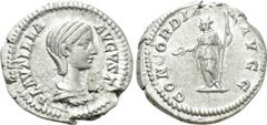 Roman Imperial Coins PLAUTILLA (Augusta, 202-205). Denarius. Rome. Obv: PLAVTILLA AVGVSTA. Draped bust right. Rev: CONCORDIA AVGG. Concordia standing left, holding patera and sceptre. RIC 363b (Caraca