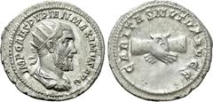 Roman Imperial Coins PUPIENUS (238). Antoninianus. Rome. Obv: IMP CAES PVPIEN MAXIMVS AVG. Radiate, draped and cuirassed bust right. Rev: CARITAS MVTVA AVGG. Clasped hands. RIC 10b. Condition: Near ex