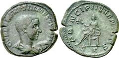 Roman Imperial Coins HOSTILIAN (Caesar, 250-251). Sestertius. Rome. Obv: C VALENS HOSTIL MES QVINTVS N C. Bareheaded and draped bust right. Rev: PRINCIPI IVVENTIS / S C. Apollo seated left on throne, 