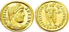 Roman Imperial Coins VALENS (364-378). GOLD Solidus. Nicomedia. Obv: D N VALENS P F AVG. Diademed, draped and cuirassed bust right. Rev: RESTITVTOR REIPVBLICAE / SMNЄ. Valens standing facing, head rig