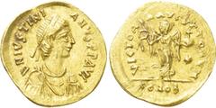 Byzantine Coins JUSTINIAN I (527-565). GOLD Tremissis. Constantinople. Obv: D N IVSTINIANVS P P AVG. Diademed, draped and cuirassed bust right. Rev: VICTORIA AVGVSTORVM / CONOB. Victory advancing righ