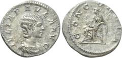 Roman Imperial Coins JULIA PAULA (Augusta, 219-220). Denarius. Antioch. Obv: IVLIA PAVLA AVG. Draped bust right. Rev: CONCORDIA. Concordia seated left on throne, holding patera; star to left. RIC 211 