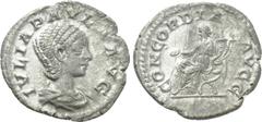 Roman Imperial Coins JULIA PAULA (Augusta, 219-220). Denarius. Antioch. Obv: IVLIA PAVLA AVG. Draped bust right. Rev: CONCORDIA. Concordia seated left on throne, holding patera; star to left. RIC 211 