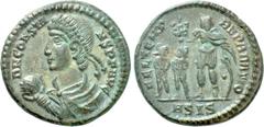 Roman Imperial Coins CONSTANS (337-350). Follis. Siscia. Obv: D N CONSTANS P F AVG. Diademed, draped and cuirassed bust left, holding globe. Rev: FEL TEMP REPARATIO / A SIS. Constans standing left, ho