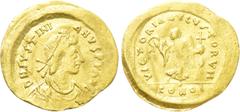 Byzantine Coins JUSTINIAN I (527-565). GOLD Tremissis. Constantinople. Obv: D N IVSTINIANVS P P AVG. Diademed, draped and cuirassed bust right. Rev: VICTORIA AVGVSTORVM / CONOB. Victory advancing righ