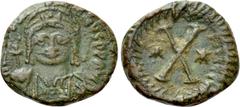 Byzantine Coins JUSTINIAN I (527-565). Decanummium. Uncertain imitative mint, possibly Sicily. Obv: D N IVSTINIANVS PP AVG. Diademed, helmeted and cuirassed bust left, holding spear and shield. Rev: L