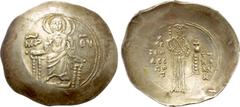 Byzantine Coins ALEXIUS I COMNENUS (1081-1118). BI Aspron Trachy. Constantinople. Obv: MP - ΘV. The Virgin Mary seated facing on throne, holding head of Christ on breast. Rev: ΑΛΕIIW ΔECΠOT / TW KOMNN