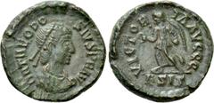 The K.L. Collection of Late Roman Coins THEODOSIUS I (379-395). Ae. Siscia. Obv: DN THEODOSIVS PF AVG. Diademed, draped and cuirassed bust right. Rev: VICTORIA AVGGG / BSIS. Victory advancing left wit