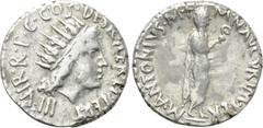 Roman Republican Coins MARK ANTONY. Denarius (38 BC). Athens. Obv: M ANTONIVS M F M N AVGVR IMP TERT. Mark Antony advancing right, holding lituus. Rev: IIIVIR R P C COS DESIG ITER ET TERT. Radiate hea