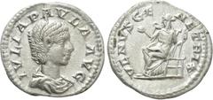 Roman Imperial Coins JULIA PAULA (Augusta, 219-220). Denarius. Rome. Obv: IVLIA PAVLA AVG. Draped bust right. Rev: VENVS GENETRIX. Venus seated left on throne, holding apple and sceptre. RIC 222 (Elag