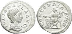 Roman Imperial Coins JULIA PAULA (Augusta, 219-220). Denarius. Rome. Obv: IVLIA PAVLA AVG. Draped bust right. Rev: CONCORDIA AVGG. Concordia seated left on curule chair, holding patera and double corn