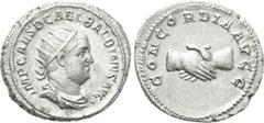Roman Imperial Coins BALBINUS (238). Antoninianus. Rome. Obv: IMP CAES D CAE L BALBINVS AVG. Radiate, draped and cuirassed bust right. Rev: CONCORDIA AVGG. Clasped hands. RIC 10. Condition: Very fine.