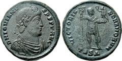 Roman Imperial Coins JOVIAN (363-364). Ae. Thessalonica. Obv: D N IOVIANVS P F P P AVG. Diademed, draped and cuirassed bust right. Rev: VICTORIA ROMANORVM / TES Δ. Jovian standing facing, head right, 