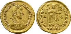 Roman Imperial Coins VALENTINIAN III (425-455). GOLD Solidus. Ravenna. Obv: D N PLA VALENTINIANVS P F AVG. Diademed, draped and cuirassed bust right. Rev: VICTORIA AVGGG / R - V / COMOB. Valentinian s
