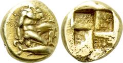 Greek Coins MYSIA. Kyzikos. EL Hemihekte (5th-4th centuries BC). Obv: Perseus kneeling right, head left, holding harpa and severed head of the Medusa; below, tunny right. Rev: Quadripartite incuse squ