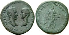 Roman Provincial Coins MOESIA INFERIOR. Marcianopolis. Macrinus, with Diadumenian (217-218). Ae. Obv: AY K OΠE CEV MAKPEINOC K M OΠEΛ ANTΩNEINOC. Laureate bust of Macrinus left vis-a-vis bare-headed b